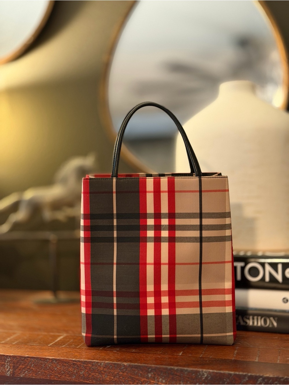 100% Authentic Burberry Red Black Nova Check Mini Shopper Tote